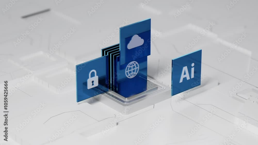 Poster 3D Rendering floating Icon Box About AI Artificial intelligence Technology and cloud computing technology