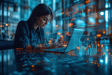 Focused businesswoman working on laptop in futuristic office setting