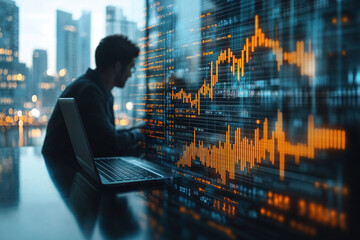 Young businessman analyzing financial data with digital graphs overlay