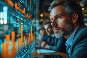 Caucasian businessman analyzing data projections in modern office