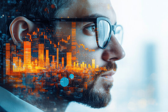 Caucasian businessman with glasses and futuristic cityscape overlay