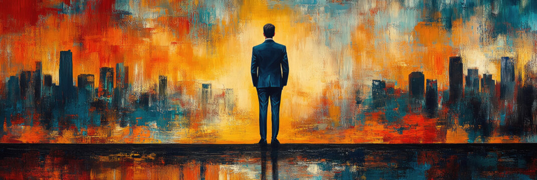A man in formal attire gazes towards a bright sunset illuminating the city, contemplating his future amid abstract colors and reflections