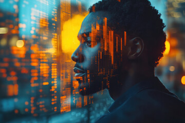 Double exposure of African American businessman with digital data overlay