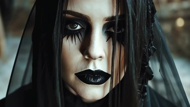 A woman with dark makeup stares intensely from behind a veil