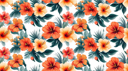 Seamless pattern of vibrant tropical flowers on a clean white background ideal for fabric design and botanical decor