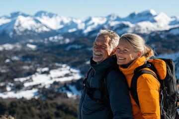 Fototapeta premium An elderly couple, wearing hiking gear, share a joyful moment amidst breathtaking snowy mountains, symbolizing adventure and companionship in nature.