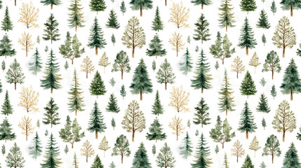 Seamless watercolor pattern featuring oak trees fir trees and pine spruce elements ideal for landscape design and nature themed projects