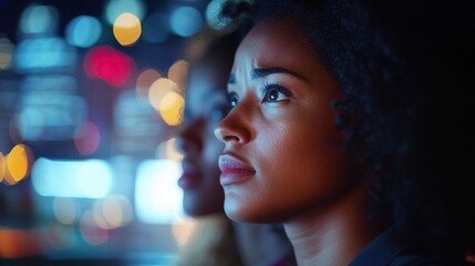 Worried investors gathered around multiple screens, analyzing financial data and market trends, reflecting the tension and uncertainty in the investment world.
