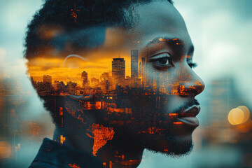 Double exposure of African business professional with urban skyline