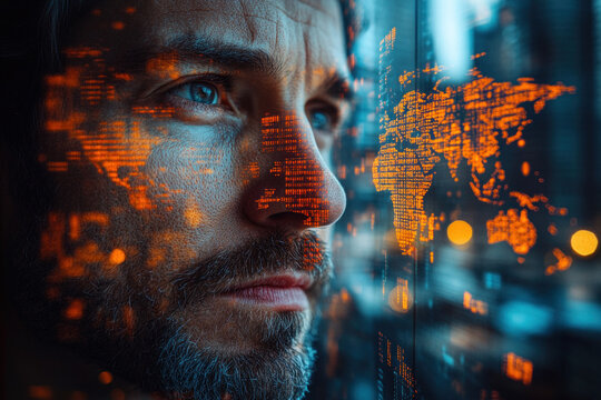 Double exposure of businessman with digital world map overlay