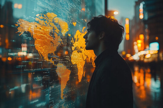 Young man analyzes futuristic digital world map on city street - Powered by Adobe