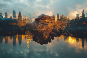 Double exposure of handshake connecting global business concepts