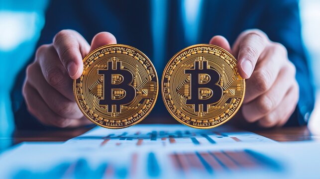 Bitcoin Transaction in Business Meeting: Close-up of Hands Exchanging Cryptocurrency with Blurred Documents