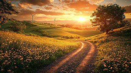 Obraz premium High-quality hyper-realistic image of a wind turbine farm at sunset with golden light illuminating the turbines surrounded by green fields representing clean energy