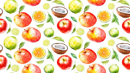 Vibrant watercolor seamless pattern featuring assorted fruits and vegetables like apples coconut limes and tomatoes on a clean white background perfect for organic food designs