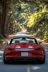 A sleek red convertible is parked on a quiet, tree-lined road, bathed in warm afternoon sunlight, inviting a scenic drive through nature