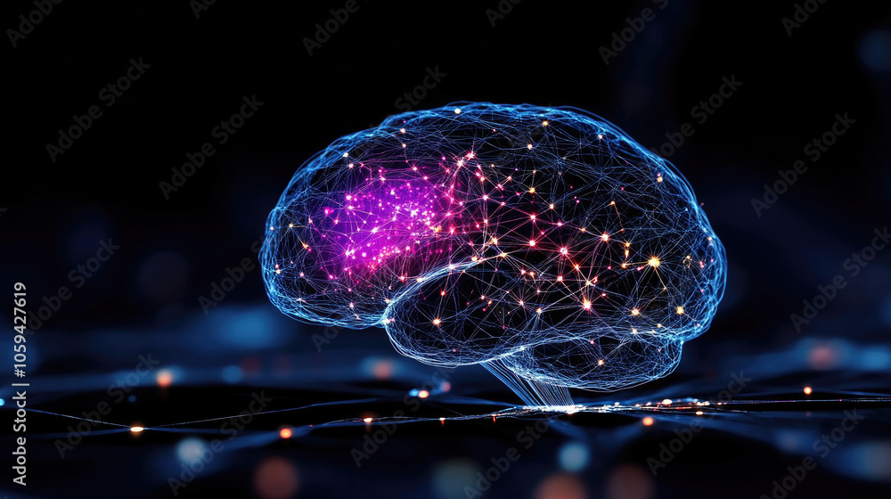 Poster the artwork illustrates a human brain with glowing neural networks, highlighting active areas and in