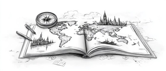 Obraz premium A sketch of an open book with a world map, compass, and pencils.