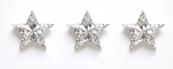Three rhinestone sparkling stars on white background representing luxury and success