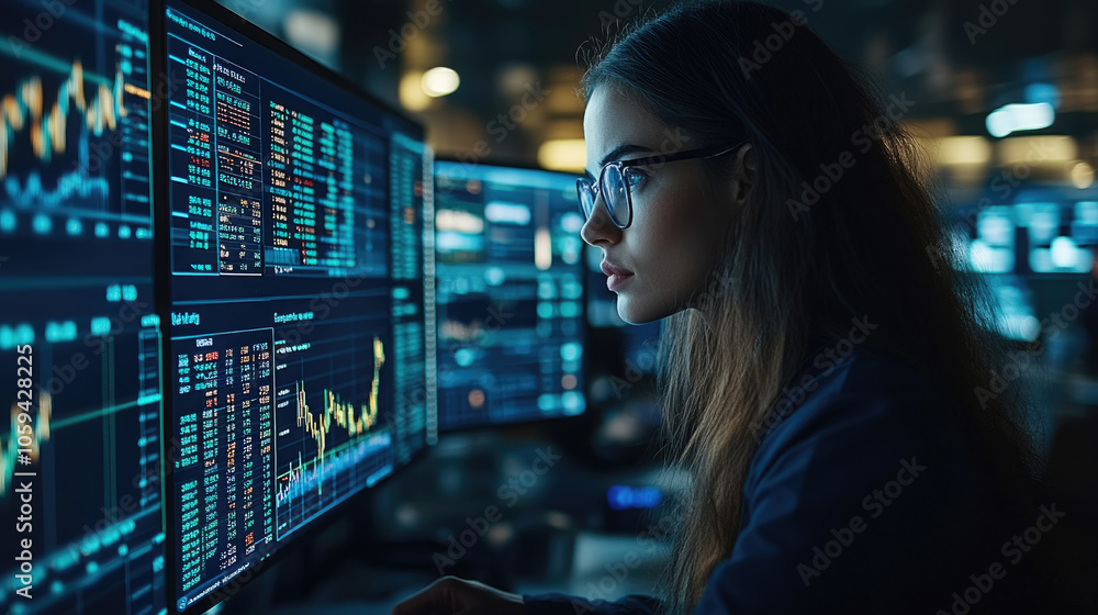 Poster an analyst intently examines financial metrics on multiple monitors, highlighting the intensity of d