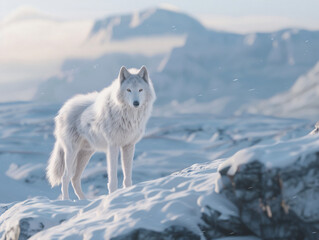 Fototapeta premium An Arctic Wolf in a snowy landscape, standing on a ridge under soft morning light, highlighting its thick white fur and sharp eyes, with mountains in the background, cinematic style, Compositing Core,
