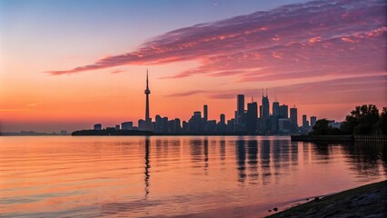 Fototapeta premium Stunning City Skyline Reflected in Calm Waters at Sunset - Minimalist Photography