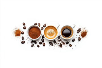 Coffee cups displayed with coffee beans, ground coffee, and brewed coffee, studio shoot