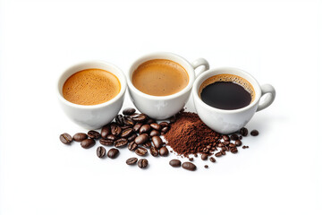 Obraz premium Three coffee cup displayed with coffee beans, ground coffee, and brewed coffee, studio shoot