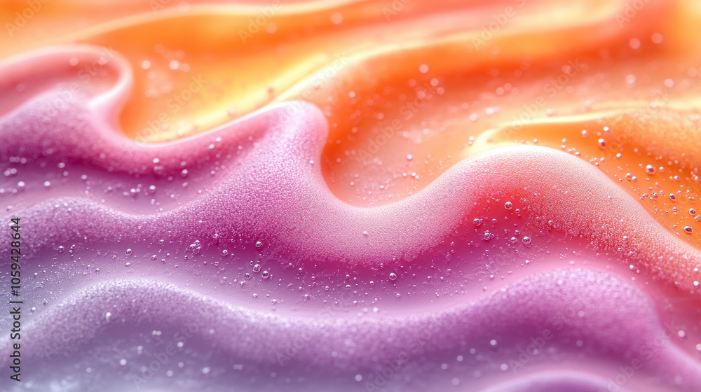 Poster vibrant waves of orange and pink blend with purple in a mesmerizing display, highlighted by tiny dro