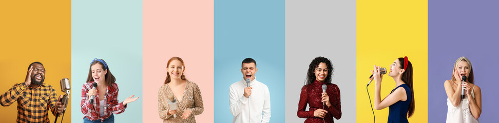 Set of singing people with microphones on color background