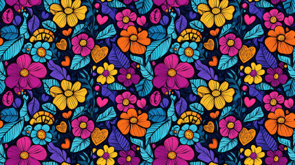 Vibrant hand drawn abstract flowers leaves hearts and snakes in a repeating seamless pattern ideal for creative textile design stationery and background art