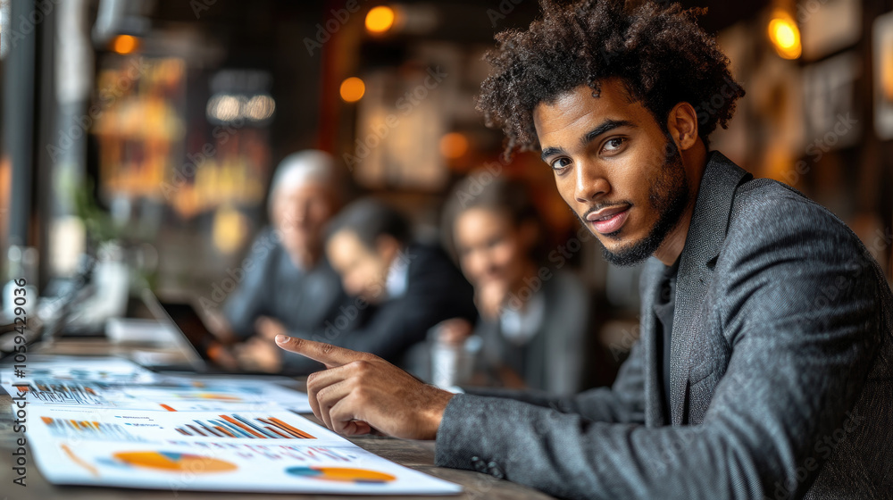 Aufkleber a young man confidently points at colorful data charts while engaged in a collaborative business mee