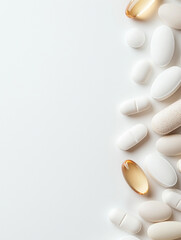Colorful assortment of pills and vitamins on a light background