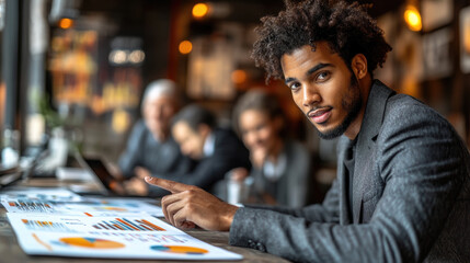 A young man confidently points at colorful data charts while engaged in a collaborative business meeting with colleagues