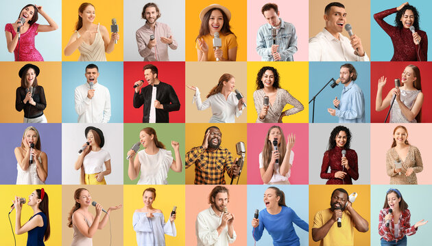 Collage of many people with microphones on color background