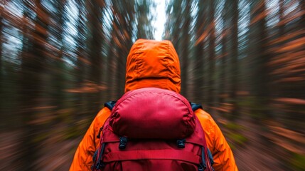 Obraz premium Energized Backpacker Hiking in Lush Forest - Close-up of Adventurous Hiker in Bright Jacket Surrounded by Towering Trees on Trail