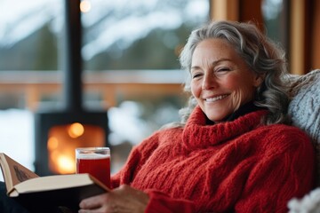 An elderly woman enjoys a cozy moment reading by the fireplace, wrapped in a warm, red sweater, reflecting comfort and the pleasures of a quiet, winter day.