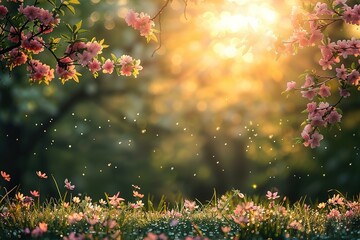 A beautiful field of pink flowers with a bright sun shining on them