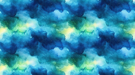 Obraz premium Abstract hand drawn watercolor texture featuring cosmic multicolor polar lights in neon blue and green ideal for modern creative designs seamless pattern artistic background