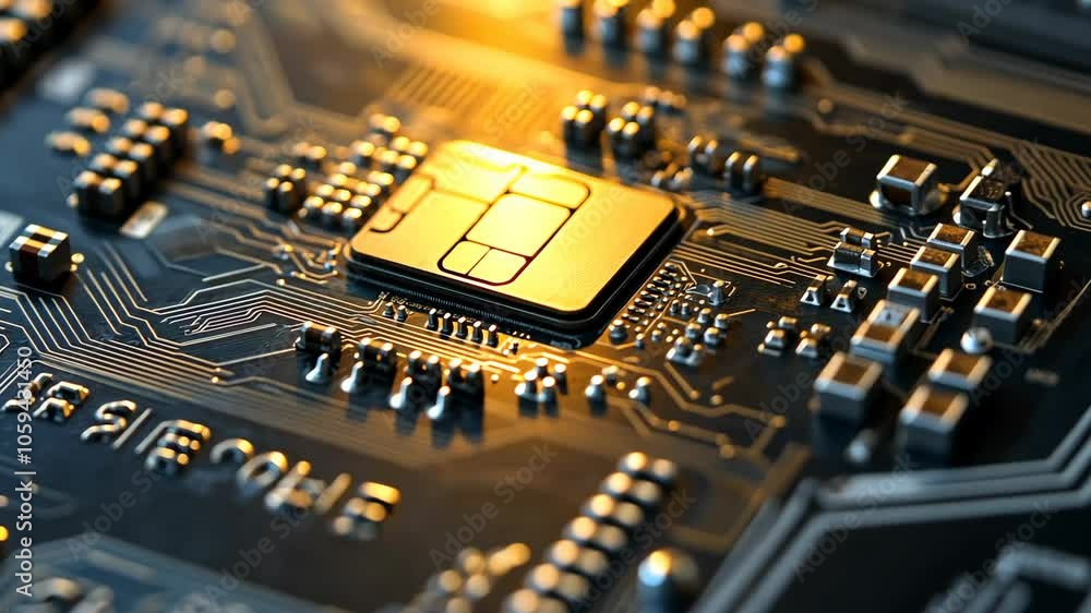 Aufkleber a close-up view of a circuit board with a gold-colored microchip in the center