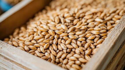 Close-Up of Barley Grains in Wooden Container