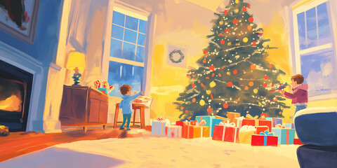 Fototapeta premium Gift Opening Celebration: Children unwrapping presents near a decorated Christmas tree on Christmas morning. Oil Painting Style