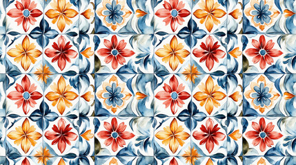 Seamless watercolor pattern featuring vintage majolica tiles in a bohemian style perfect for home decor or fabric design
