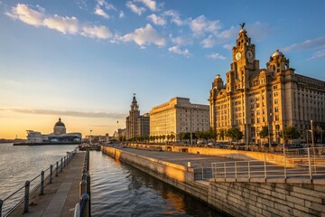 Fototapeta premium Stunning Liverpool Waterfront at Golden Hour with Royal Liver Building and Reflections in Mersey River