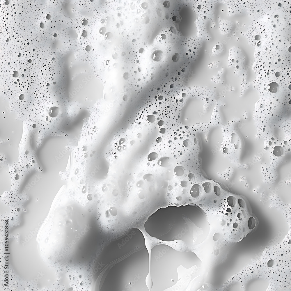 Poster close up view of white foam with bubbles, creating textured surface. image evokes sense of freshness