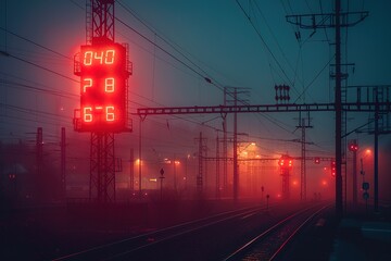 A train track with a red digital clock that reads 0:66