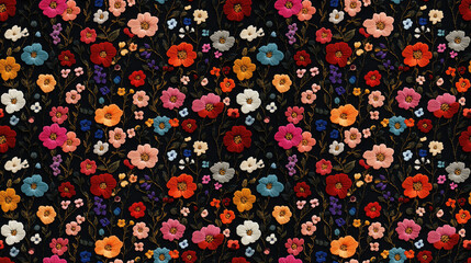 Elegant floral embroidery pattern featuring intricate blossoms on a dark background ideal for fashion textiles or printed materials