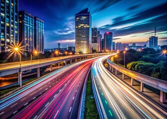 Fototapeta premium Stunning Long Exposure Traffic on Highway at Night with Colorful Light Trails, Cityscape, Motion Blur, Urban Landscape, Night Photography, Modern Infrastructure, and Highways