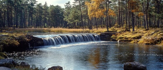 A small waterfall cascades over rocks into a still pond, surrounded by tall trees in autumn.