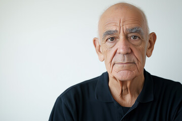 Obraz premium Portrait of a senior man with a calm and gentle expression, showing experience and wisdom. Simple, neutral background focuses attention on his features.